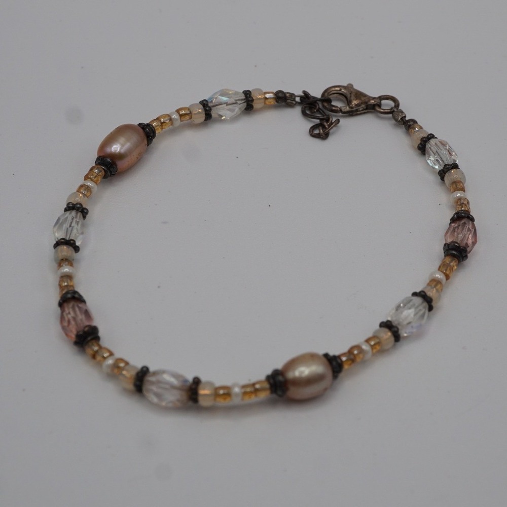 925 Sterling Silver Beaded Bracelet Earth Tone Glass Beads 7.5 Inch 3.64g